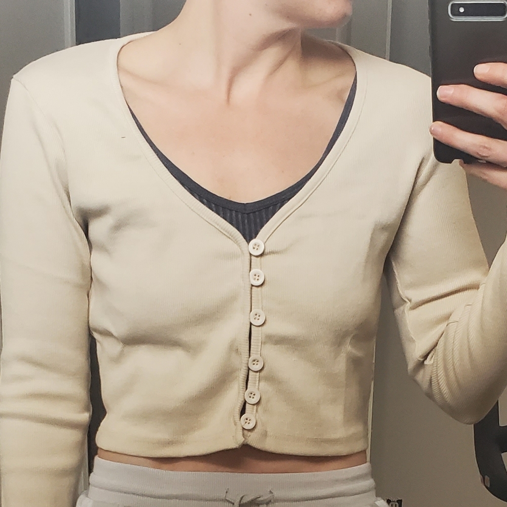 DAISY STREET RIBBED BEIGE CARDIGAN CROP TOP - Picture 4 of 9